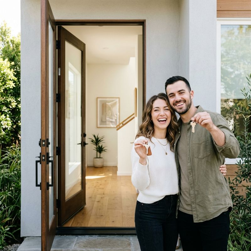 Young couple holding the keys to their new home