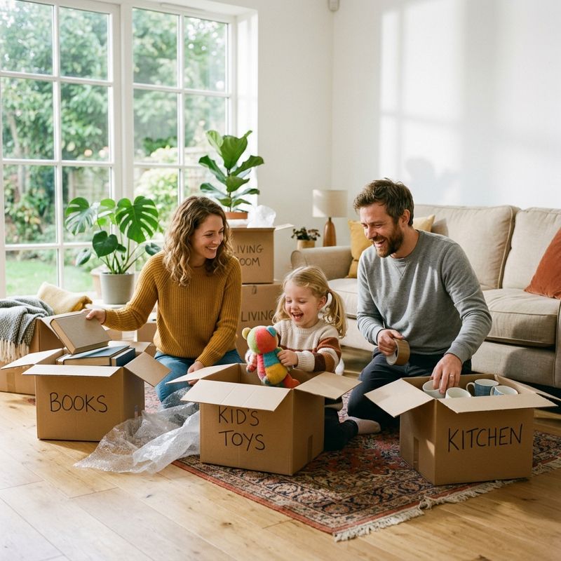 Family unpacking boxes in their new living room