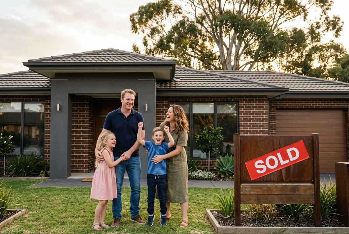 Happy family celebrating in front of their home with a SOLD sign